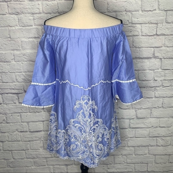 Foxiedox Blue Off Shoulder Embroidered Shift Dress NWT - Picture 5 of 15